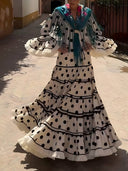 Exquisite Polka Dot Print Ruffle-Trim Flare-Sleeve A-Line Maxi Dress