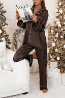 Elegant Satin Collar Top And Elastic Waist Wide-Leg Pants Pajama Set