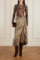 Unique Ruffled Leopard Print Paisley Satin Wrap Midi Skirt