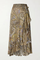 Unique Ruffled Leopard Print Paisley Satin Wrap Midi Skirt