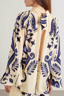 Exquisite Tie-Waisted Cutout Print Satin Loose-Fit Shirt
