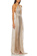 Bohemian Pleated Halter Neck Backless Tie-Waist Maxi Dress