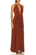 Bohemian Pleated Halter Neck Backless Tie-Waist Maxi Dress