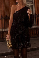 Exquisite Sequined One-Shoulder Tassel Mini Dress