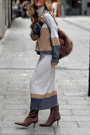 Casual Color-Blocked High-Neck Sweatshirt and Elastic Waist Skirt Set