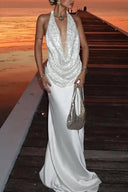 Exquisite Deep V-neck Patterned Backless Camisole Top And Satin Skirt Set