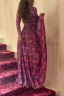 Unique Geometric Print Pleated High-Neck Maxi Dress