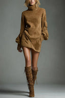 Retro Stylish High-Neck Long-Sleeved Casual Pocket Mini Dress