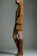 Retro Stylish High-Neck Long-Sleeved Casual Pocket Mini Dress