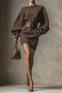 Fashion Solid Color Lantern Sleeve High Waist Belted Knitted Mini Dress