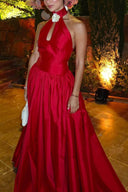 Elegant Satin Floral Details Open Back Halter Elastic Waist Maxi Dress