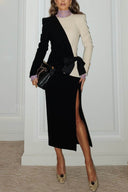 Elegant Colorblock Bow Detail Slit Midi Dress