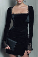 Exquisite Velvet Lace-trimmed Square Neck Slim-fit Mini Dress