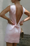 Elegant Bow-Tie Backless Satin Pink Mini Dress