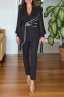 Elegant V-Neck Colorblock Belted Shirt & High-Waist Tapered Pants Set