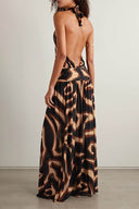 Unique Zebra Print Backless Halter Tie-Up Maxi Dress