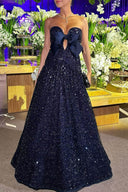 Exquisite Sparkling Sky Sequin Satin Bow Detail Off Shoulder Prom Maxi Dress