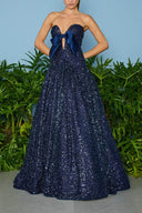Exquisite Sparkling Sky Sequin Satin Bow Detail Off Shoulder Prom Maxi Dress