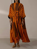 Fashion Striped Patchwork Cape-Style Tie-Up Asymmetric Midi Dress