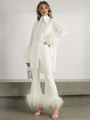 Elegant Satin Feather-trimmed Shirt Two-piece Set