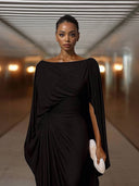 Boat Neck Pleated Slim Fit Maxi Dress