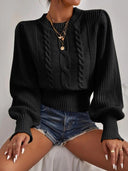 Fashion Solid Color Cable Knit Balloon Sleeve Crewneck Sweater
