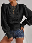 Fashion Solid Color Cable Knit Balloon Sleeve Crewneck Sweater