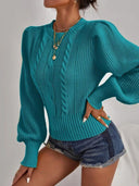 Fashion Solid Color Cable Knit Balloon Sleeve Crewneck Sweater
