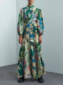 Delicate Floral Print Tie-Back Lantern Sleeve Maxi Dress