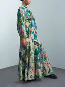 Delicate Floral Print Tie-Back Lantern Sleeve Maxi Dress