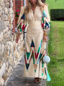 Elegant Floral Square-Neck V-Neck Ruched Lantern Sleeve Blouse