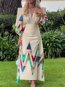 Elegant Floral Square-Neck V-Neck Ruched Lantern Sleeve Blouse