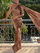 Sexy Leopard Print High Neck Cape Maxi Dress
