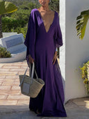 Bohemian Linen V-Neck Open-Back Loose Maxi Dress