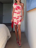 Chic Asymmetric Floral Print Mesh Mini Dress