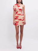 Chic Asymmetric Floral Print Mesh Mini Dress