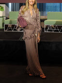 Classic Stripe Print Ruffle Paneled Elastic Waist Wide-Leg Pants