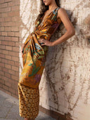 Delicate Floral Print V-Neck Twisted Draped Satin Maxi Dress