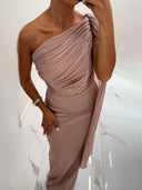 Elegant One-Shoulder Ruched Patchwork Party Maxi Dress