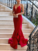 Sexy Deep V-Neck Ruffled Layered Mermaid Maxi Dress