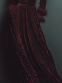 Classic Pleated Suede Deep V-Neck Feather Panel Maxi Dress