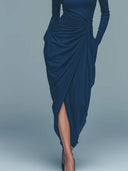 Elegant Turtleneck Draped Side Slit Midi Dress