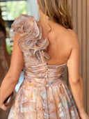 Elegant Romantic Ball Chiffon Floral One-shoulder Pleated Design Back Lace-up Gown Maxi Dress