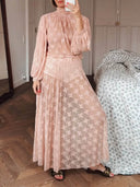 Elegant Mesh Ruffled Lace High-Neck Blouse & Elastic Waist Skirt Set