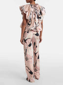Delicate Orchid Print Bell Sleeve Pleated Top