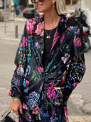 Retro Floral Print Blazer & High-Waist Wide-Leg Pants Set