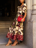 Elegant Retro Floral Puff Sleeve Skirt Two-Piece Set