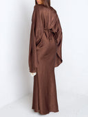 Elegant Ruched Satin Lantern-Sleeve Maxi Dress