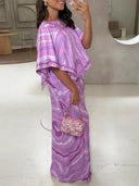 Casual Satin Placement Print Cape Top And Flared Skirt Set