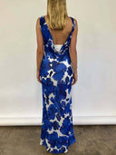 Elegant Floral Print Tie-Back Draped Open-Back Maxi Dress